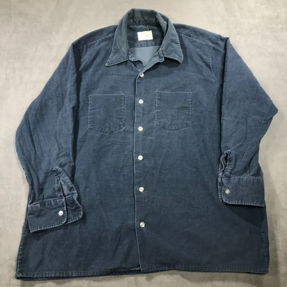 Vintage 70s Sovereign Corduroy Shirt Mens 2XL Blue Square Bottom Button Up MOD